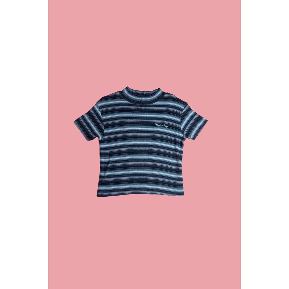 1990s-Y2K UNIONBAY STRIPED Mock Turtleneck CROPPED Short Sleeve Blouse S-M AS IS